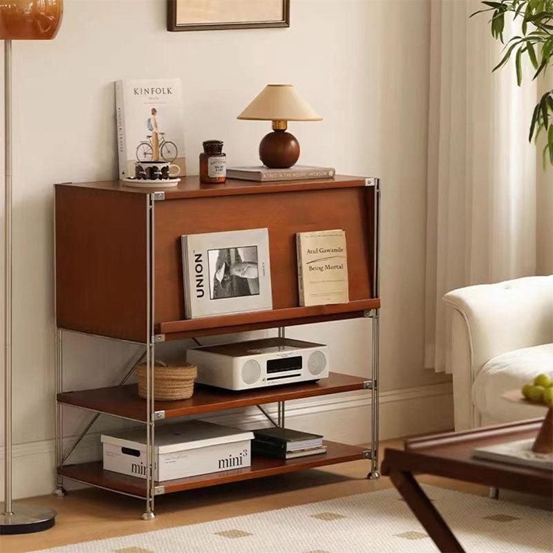 A modern wooden thalia multifunctional sideboard with warm brown finish and chrome frame featuring three open shelves