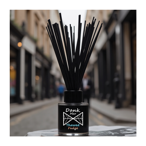 Black glass diffuser bottle with dank mer thawed fudge fragrance oil and black reeds for a cozy scent vibe