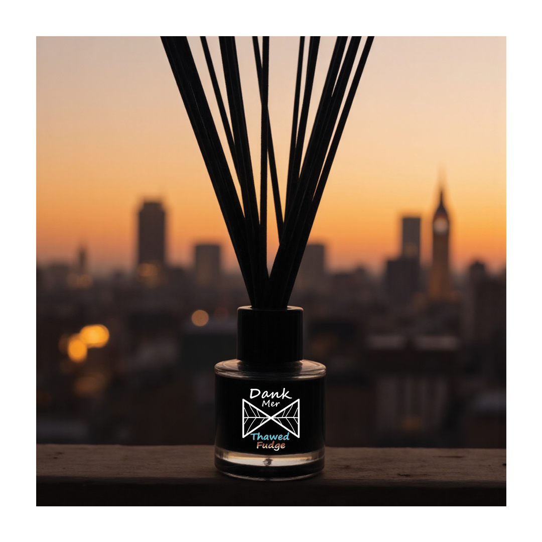 Black glass reed diffuser with dank mer label and thawed fudge fragrance oil set against urban sunset backdrop