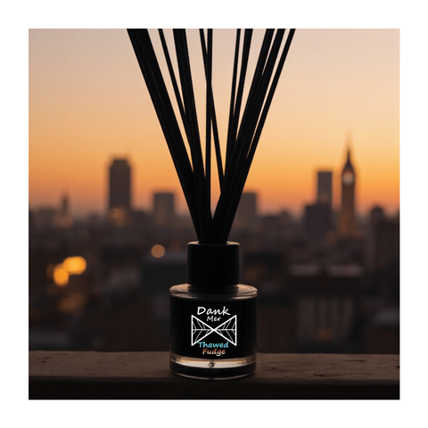 Black glass reed diffuser with dank mer label and thawed fudge fragrance oil set against urban sunset backdrop