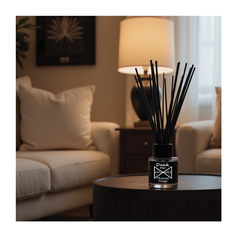 Black glass reed diffuser with sleek label and slender black reeds featuring thawed fudge fragrance oil