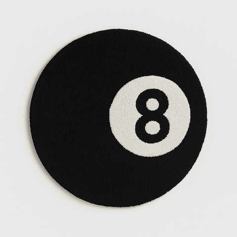 Black circular ball rug designed like an 8 ball with white center and bold number 8 perfect for a game room