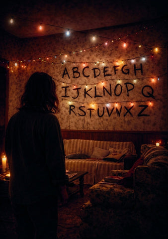 The alphabet wall stranger things poster with black marker letters lit by warm string lights showing iconic moments
