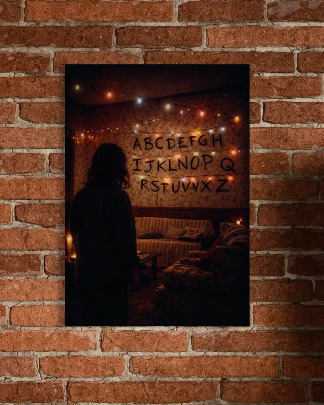 A framed stranger things poster featuring the iconic alphabet wall scene with dim string lights in a dark room