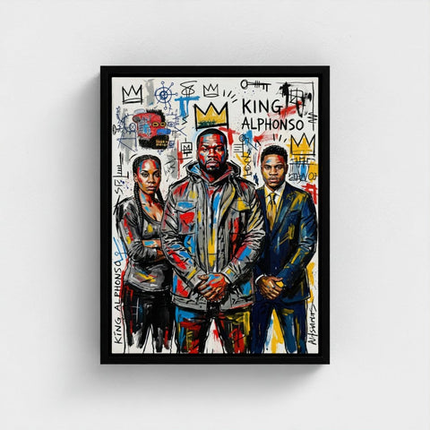 Framed print of the alphonso dynasty showcasing vibrant graffiti style with bold colors and abstract figures