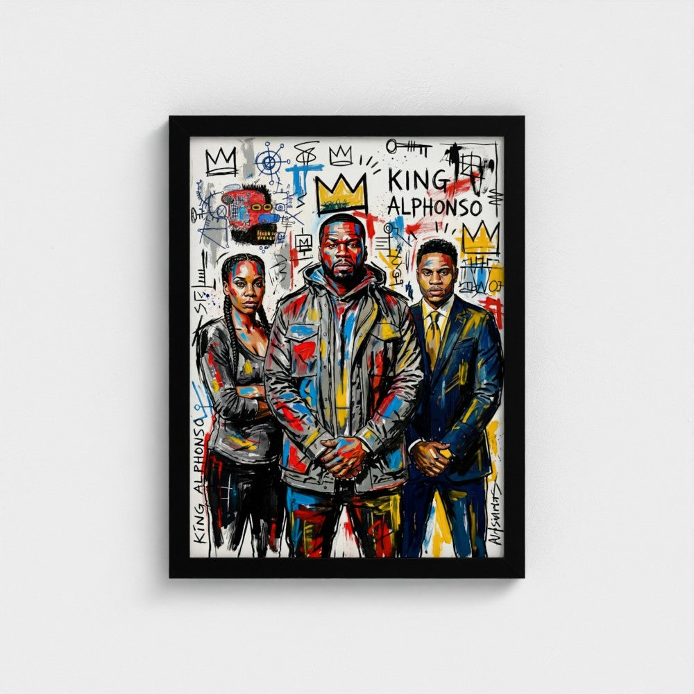Black-framed canvas print of the alphonso dynasty with vibrant graffiti-style figures and bold abstract symbols