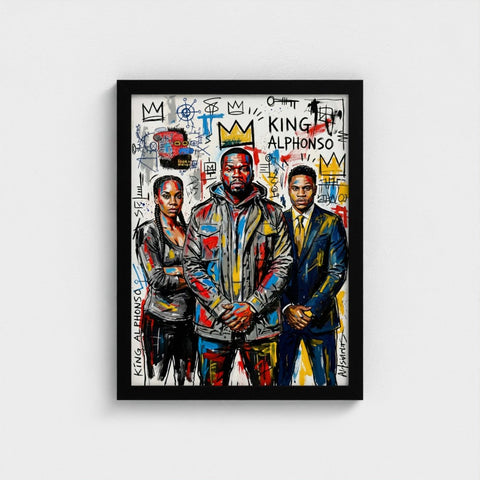 Black-framed canvas print of the alphonso dynasty with vibrant graffiti-style figures and bold abstract symbols