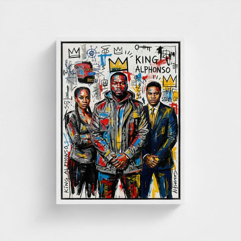 A vibrant graffiti-style framed canvas print of the alphonso dynasty featuring three bold colorful figures