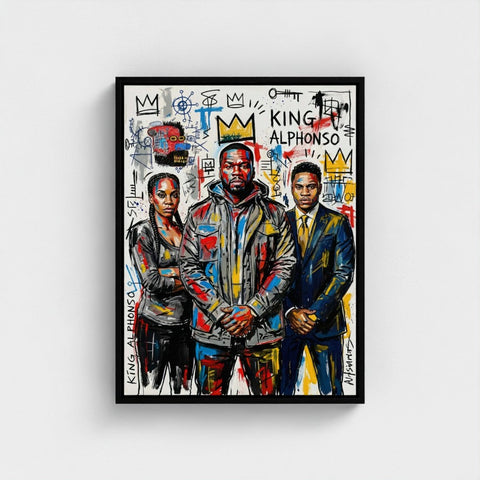 Black-framed canvas with vibrant graffiti-style illustration of three figures in bold colors titled The Alphonso Dynasty framed print