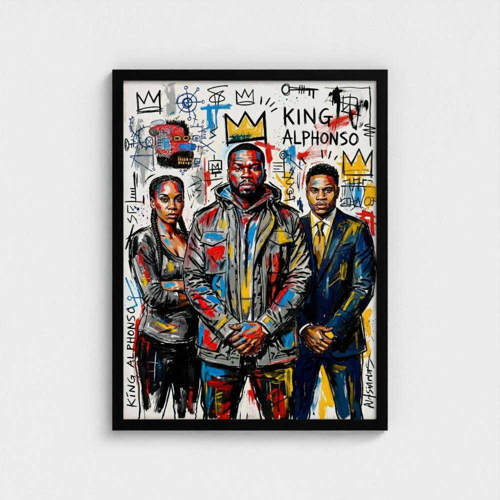 A vibrant framed canvas artwork titled the alphonso dynasty featuring three colorful stylized figures and abstract symbols