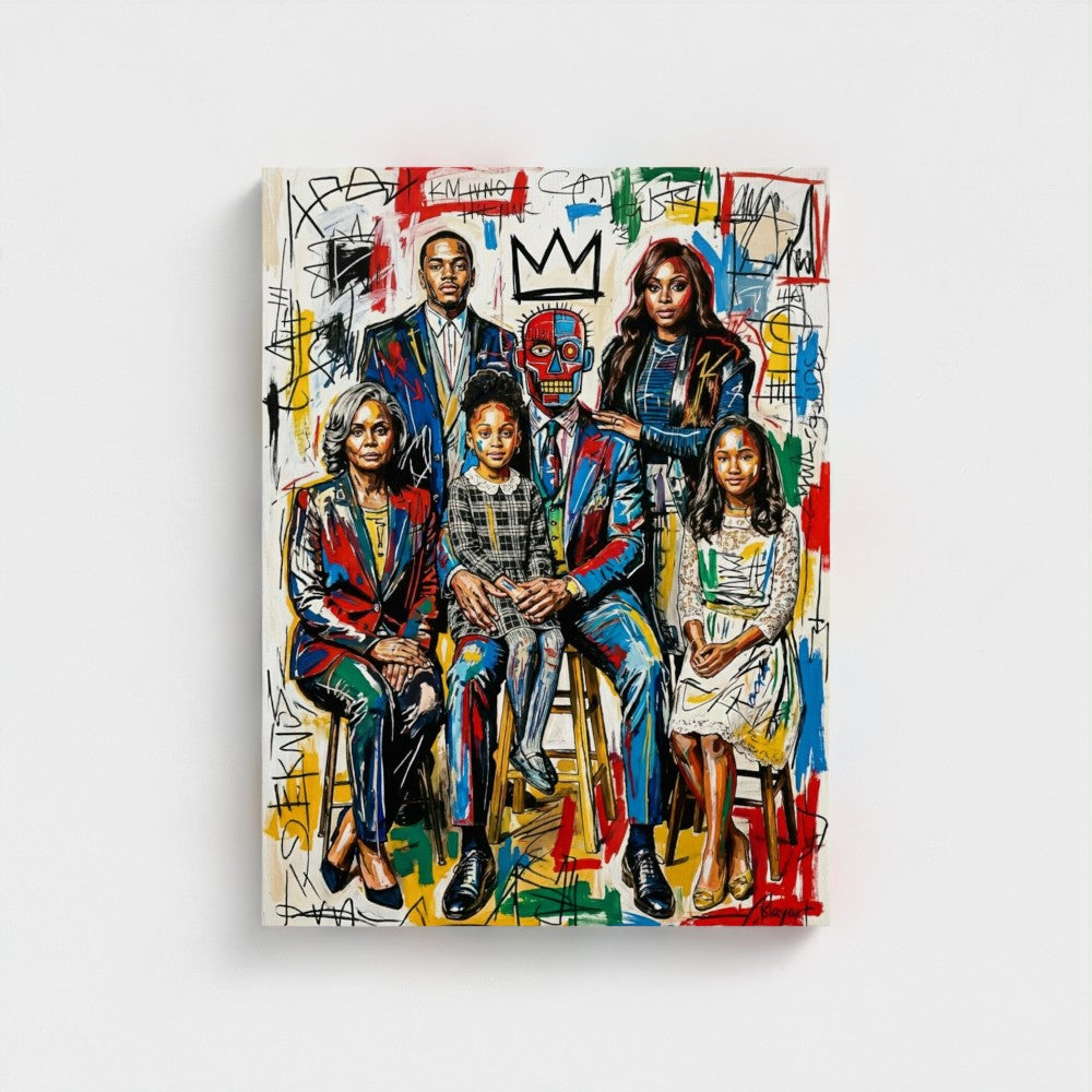 Vibrant alphonso dynasty framed canvas featuring graffiti style family portrait with bold colors and expressive brushstrokes