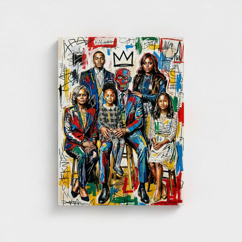 Vibrant alphonso dynasty framed canvas featuring graffiti style family portrait with bold colors and expressive brushstrokes