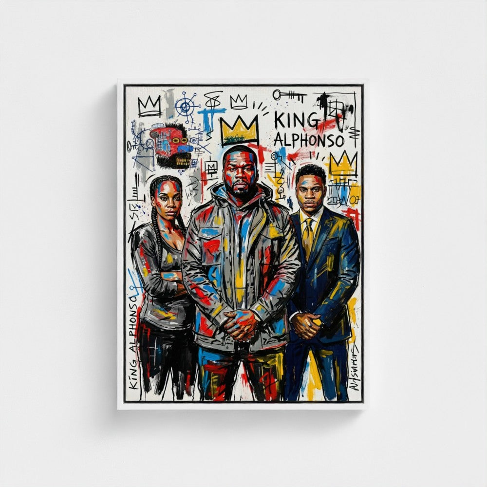 Vibrant graffiti-style framed print featuring three bold colorful figures with crown motifs from the alphonso dynasty