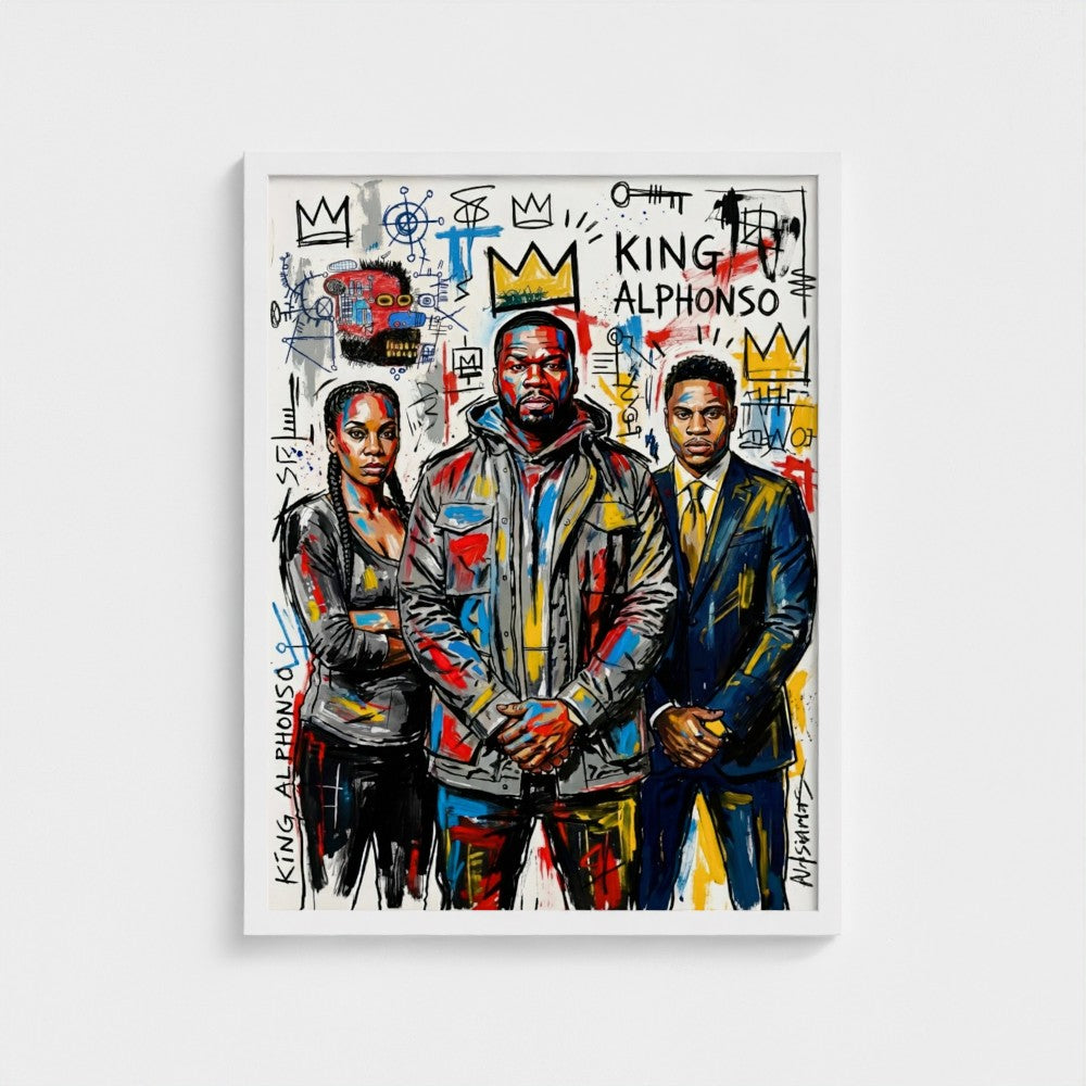 A vibrant graffiti-style framed print of the alphonso dynasty with bold colors and abstract stylized figures
