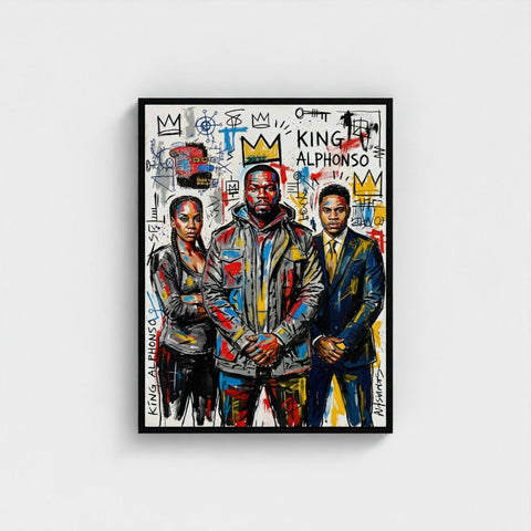 A vibrant graffiti-style framed print of the alphonso dynasty featuring bold colors and crown motifs