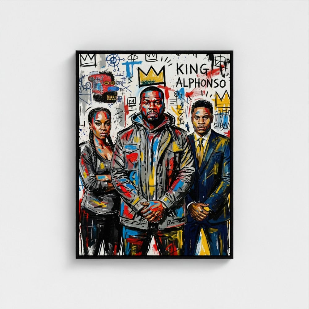 Vibrant graffiti-style framed print with three colorful figures and king alphonso text under crown in the alphonso dynasty