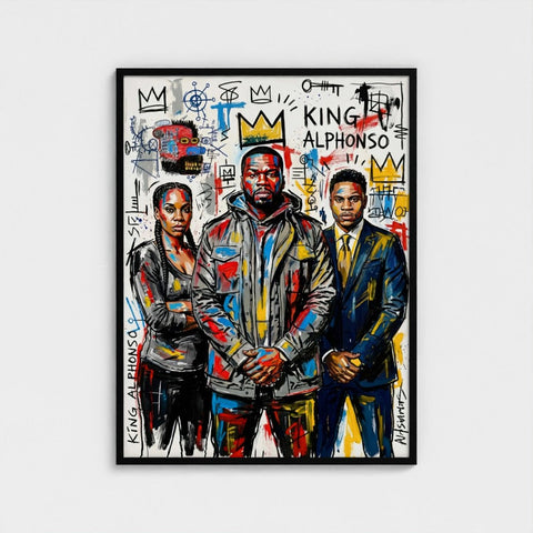 A vibrant graffiti-style framed print featuring three bold colorful figures in abstract designs for wall decor