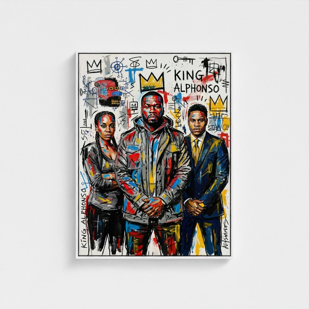 Vibrant graffiti-style framed canvas print featuring three figures in bold colorful abstract clothing on white background