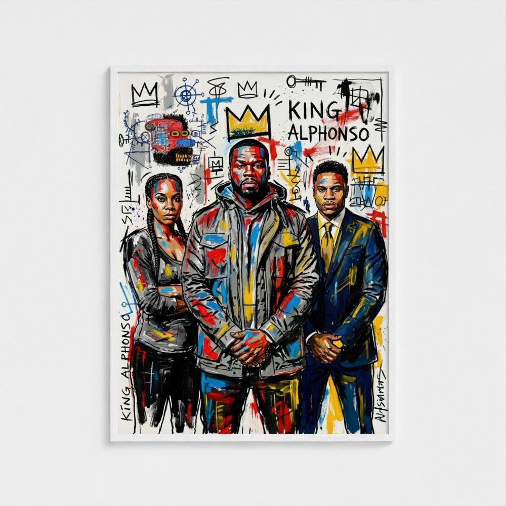 Vibrant graffiti style framed canvas print with three colorful abstract figures and stylized crowns from the alphonso dynasty