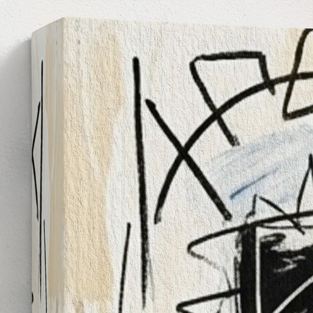 Abstract black and blue ink markings on textured off-white canvas in the alphonso dynasty framed print or framed canvas