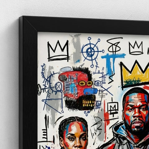 Framed print of the alphonso dynasty with vibrant red and blue graffiti style faces on a white background
