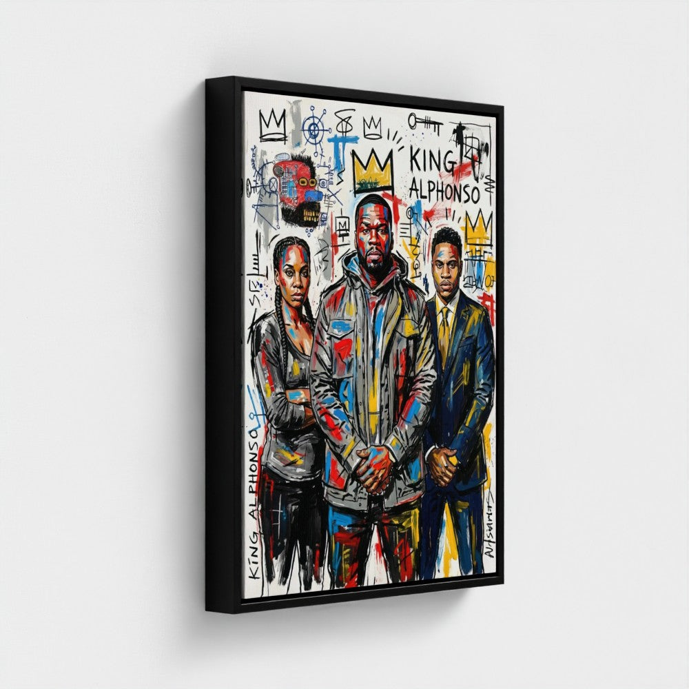 Framed canvas print of the alphonso dynasty with bold graffiti-inspired figures in black frame and vibrant colors