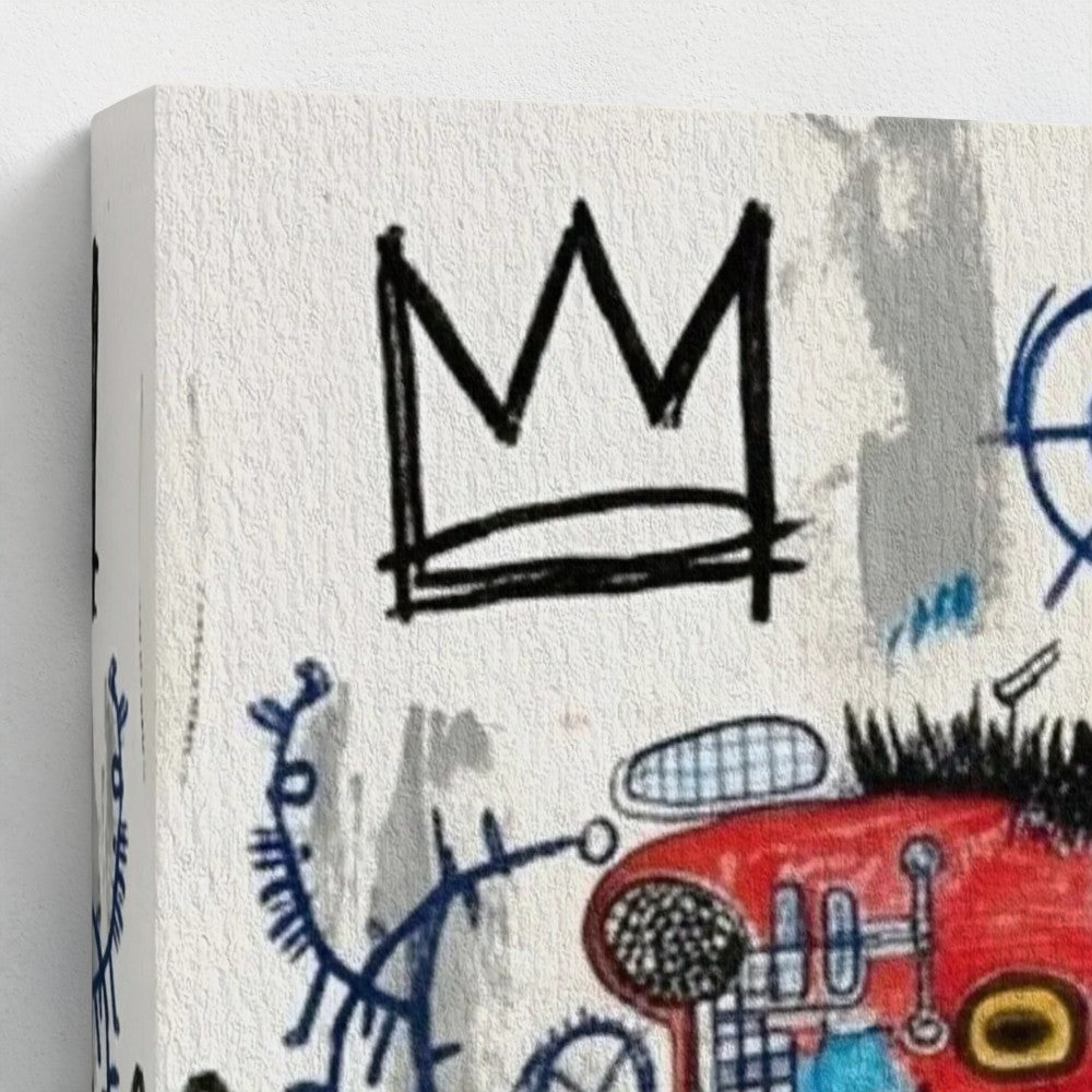 A bold black crown graffiti on textured off-white canvas in the alphonso dynasty framed canvas print