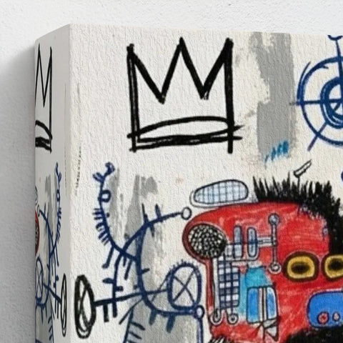 Framed canvas print of a red robot with black spiky hair and yellow eyes surrounded by blue lines and black crowns