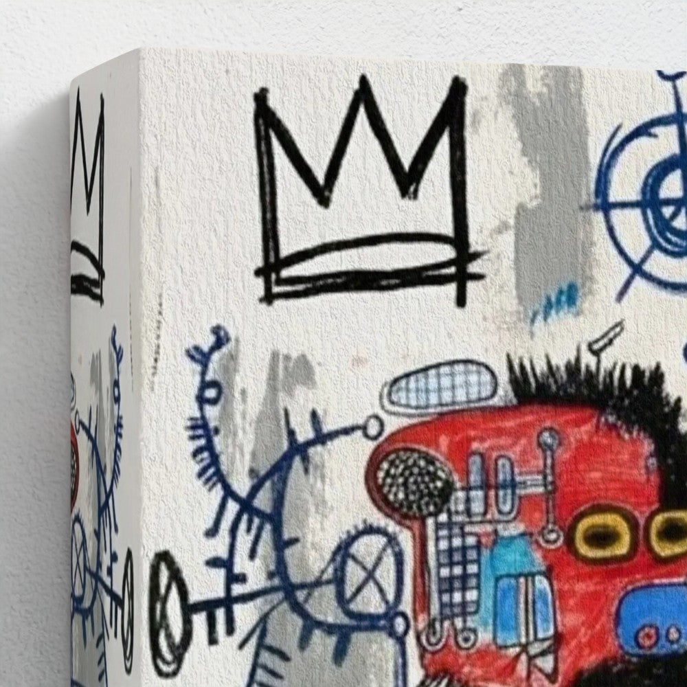 The alphonso dynasty framed canvas print features a red robot with yellow eyes and black crown symbols on off-white background