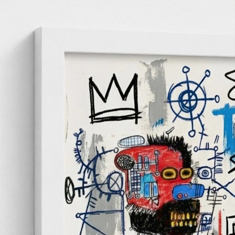 The alphonso dynasty framed print features a vibrant red and blue mechanical face with black spiky hair in a white frame