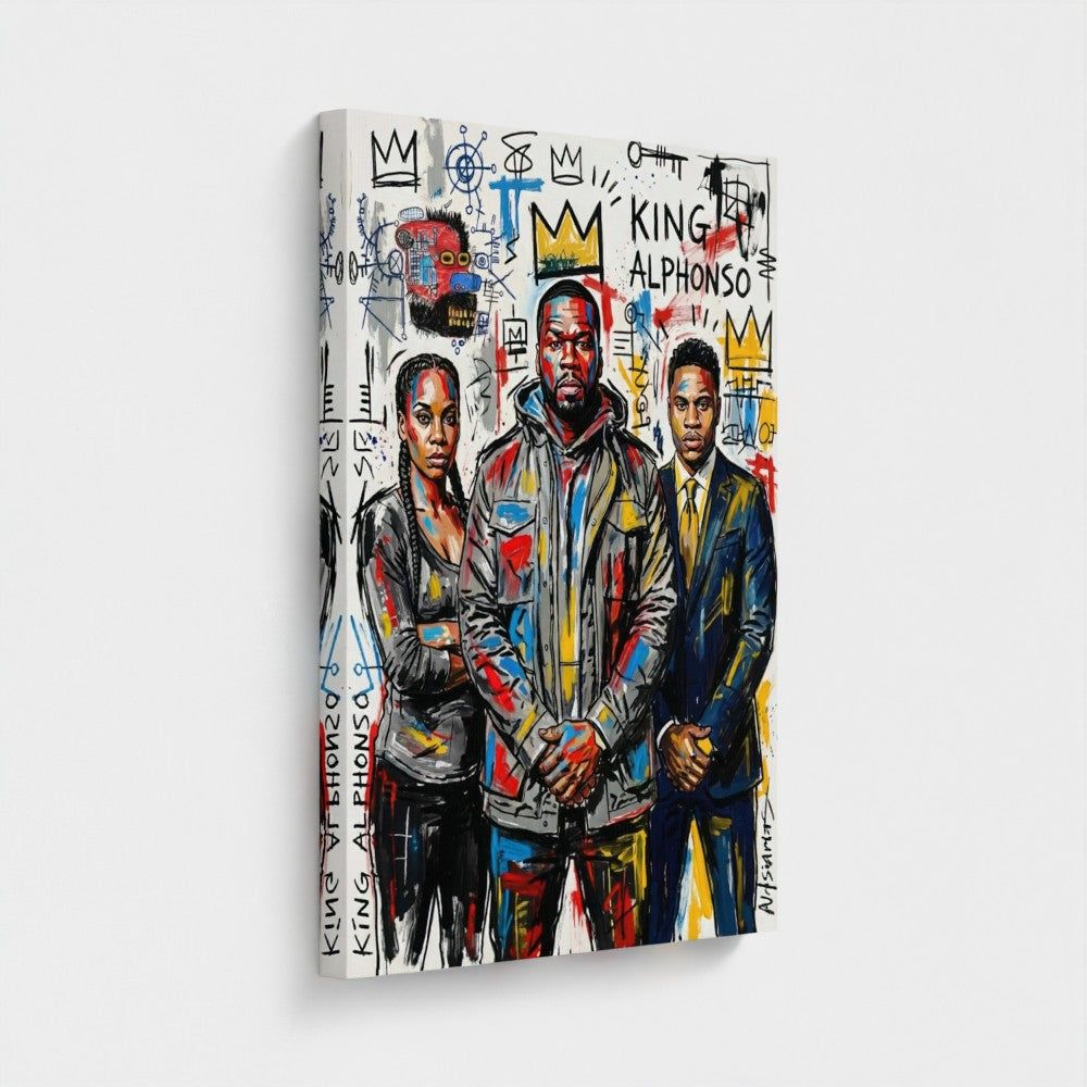 Vibrant framed canvas of the alphonso dynasty with three bold stylized figures in graffiti style and bright colors