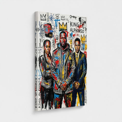 Framed canvas print of vibrant graffiti style colorful street art featuring three bold figures from the alphonso dynasty
