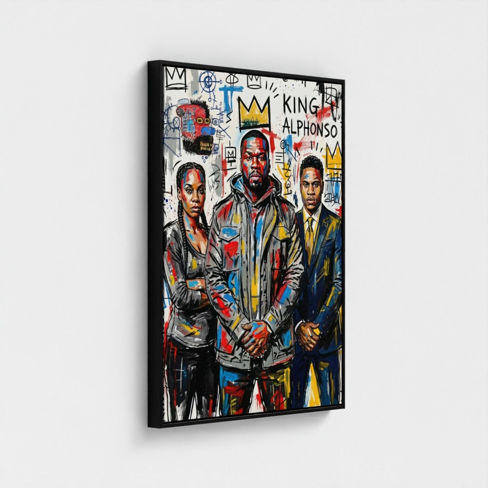 A vibrant framed canvas print of the alphonso dynasty with bold graffiti-style figures in bright colors