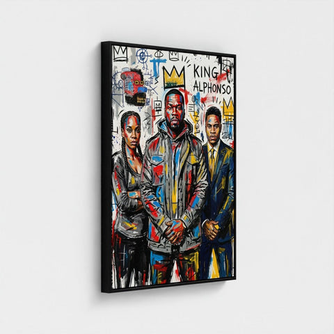 A vibrant framed canvas print of the alphonso dynasty with bold graffiti-style figures in bright colors