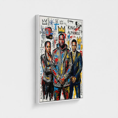 A vibrant graffiti-style framed canvas print called the alphonso dynasty with three colorful abstract figures