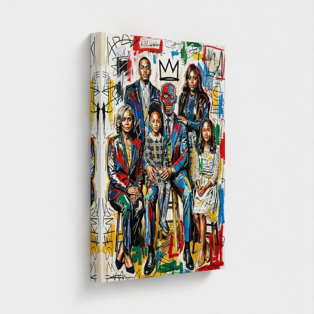 Vibrant framed canvas print of the alphonso dynasty family portrait with bold colors and abstract graffiti style markings
