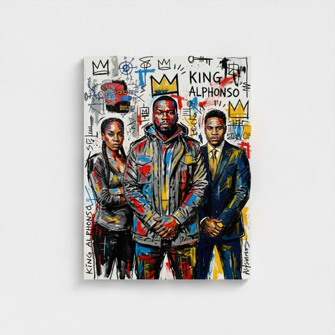 Vibrant graffiti-style framed canvas print featuring three colorful figures with crown motifs and king alphonso text