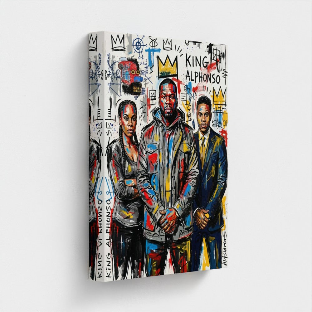 Vibrant framed canvas print the alphonso dynasty with three bold colorful street art figures in graffiti style