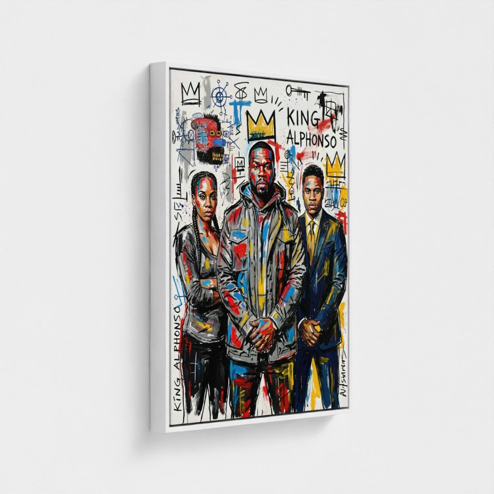 A vibrant framed canvas print of the alphonso dynasty with three bold colorful abstract figures in graffiti style