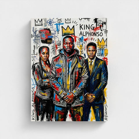 Vibrant framed canvas print of the alphonso dynasty with three bold colorful figures in graffiti street art style