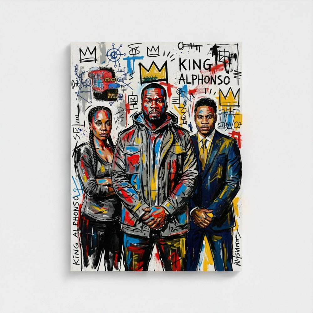 Vibrant graffiti-style framed canvas print featuring three colorful figures with crown motifs and king alphonso text