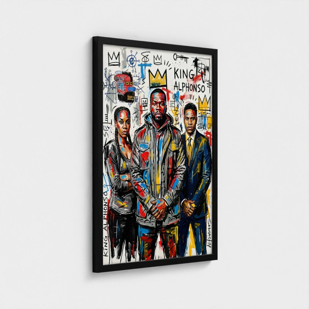 A vibrant graffiti-style framed canvas print featuring three bold colorful figures from the alphonso dynasty