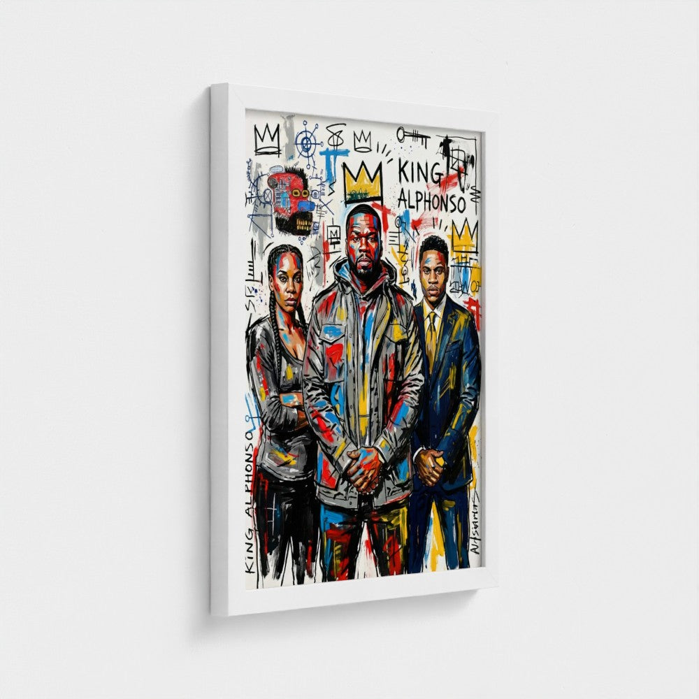 A vibrant graffiti-style framed canvas featuring three bold stylized figures called the alphonso dynasty framed print
