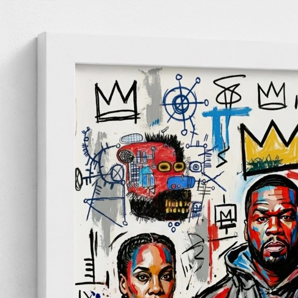 A vibrant framed canvas of the alphonso dynasty with graffiti style portraits and abstract symbols in bold colors