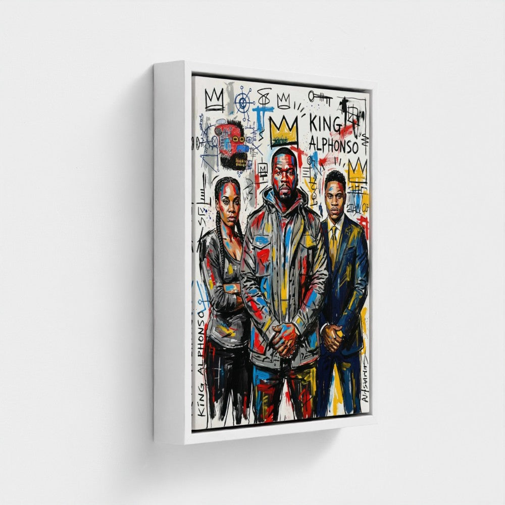A vibrant graffiti-style framed print of the alphonso dynasty featuring three bold colorful abstract figures