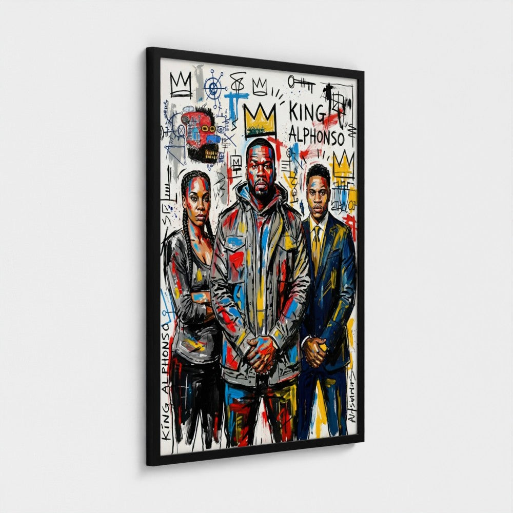 A vibrant graffiti-style framed canvas of three colorful figures with crown motifs in the alphonso dynasty design