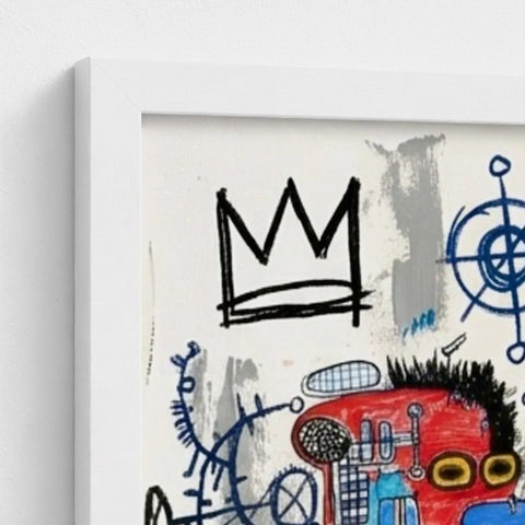 White framed print of the alphonso dynasty featuring a bold black crown on textured off-white paper with colorful abstract elements