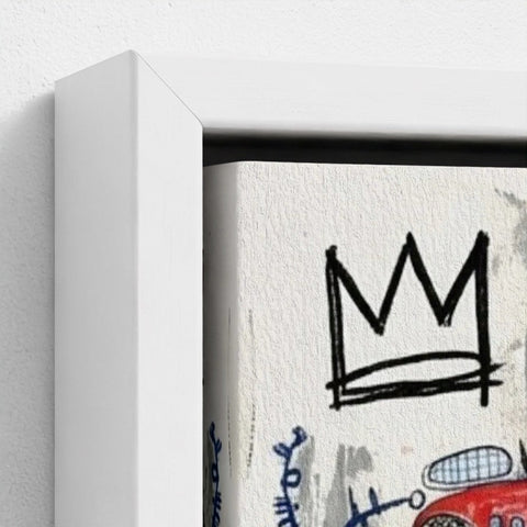 White-framed canvas print of the alphonso dynasty with bold black crown sketch and graffiti-style red and blue accents