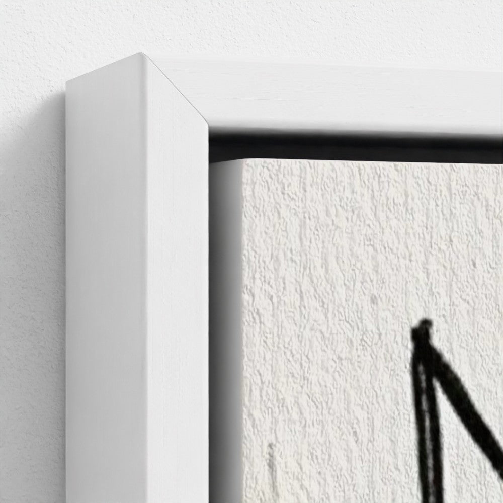 White framed canvas print with textured surface and black abstract line art titled the alphonso dynasty framed print