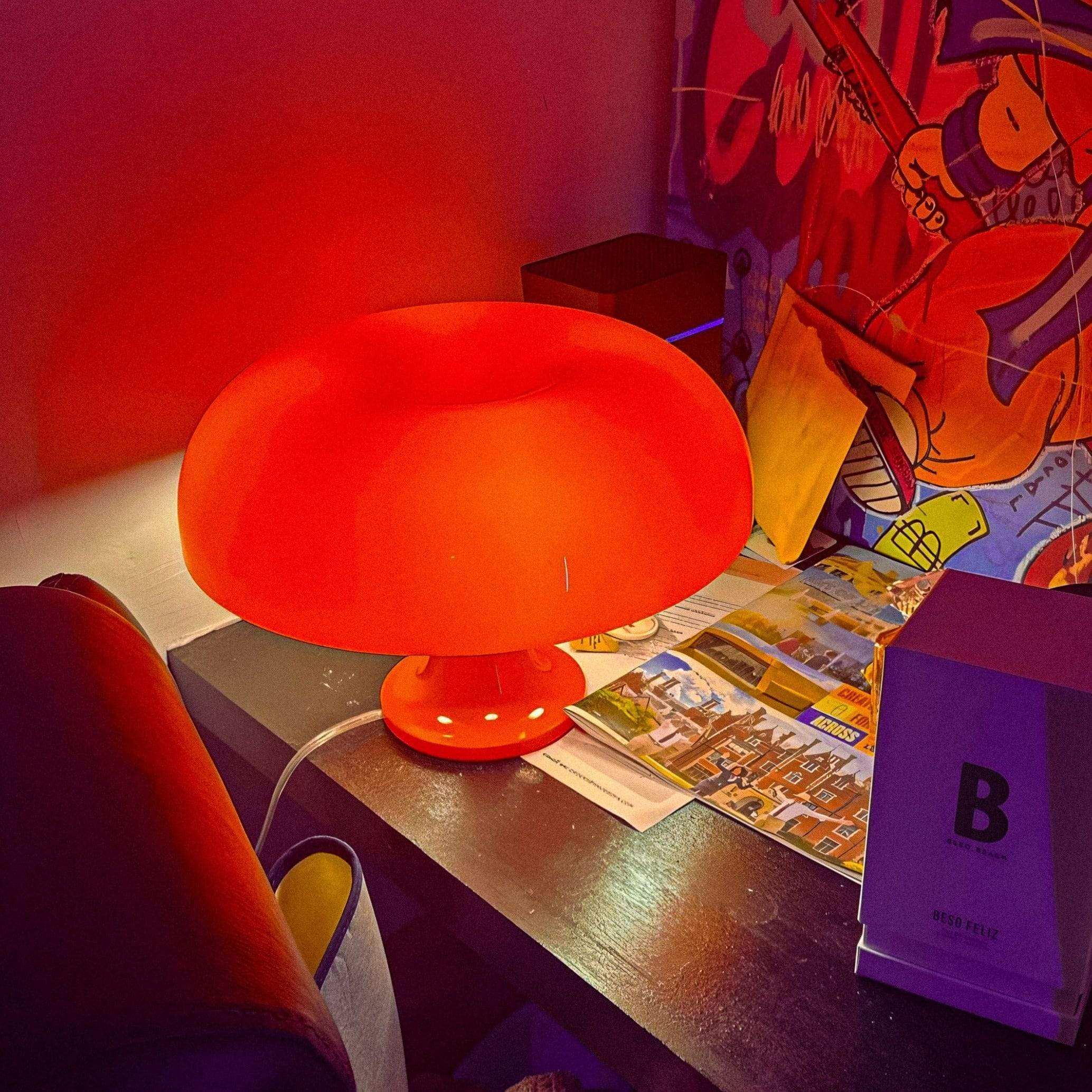 Vibrant red ambient mushroom desk lamp with glossy plastic finish perfect as a stylish desk lamp for any space